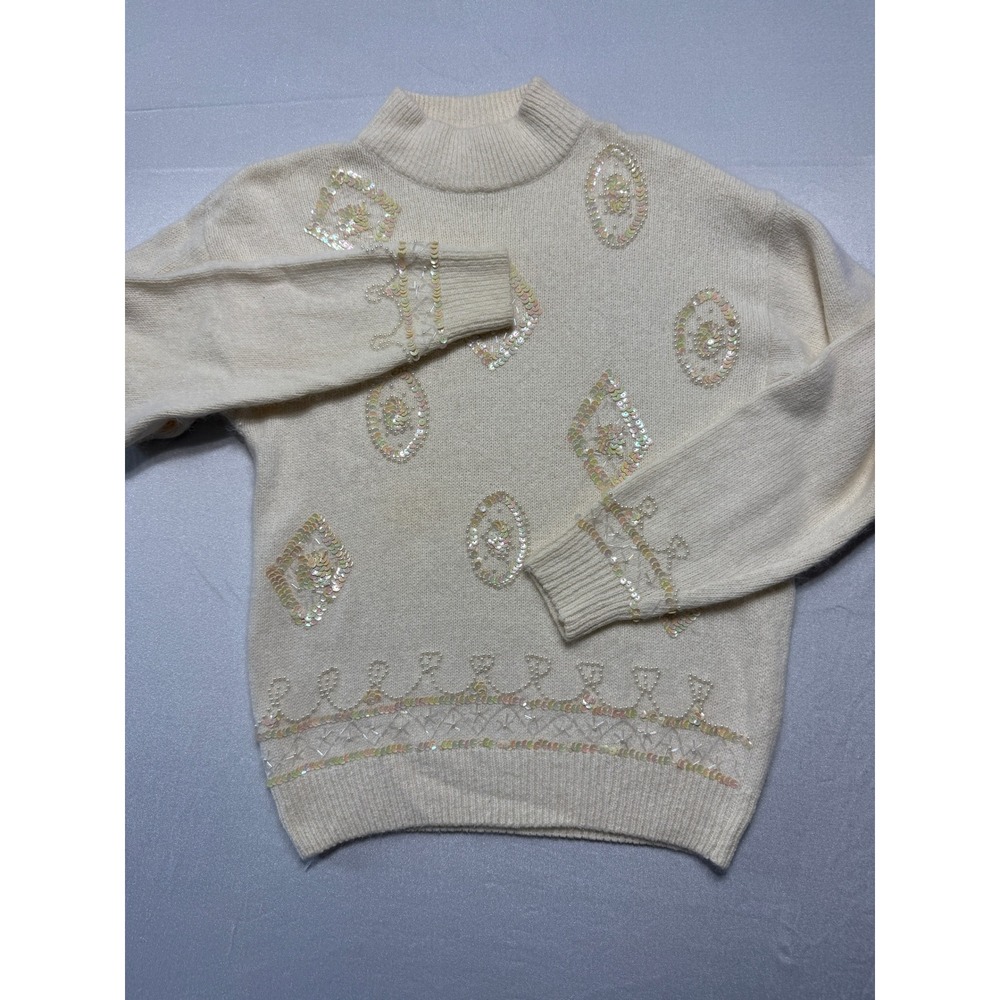 Cezanne Women M Cream Silk Angora Blend Sequin Pearl Mock Neck Vintage Sweater